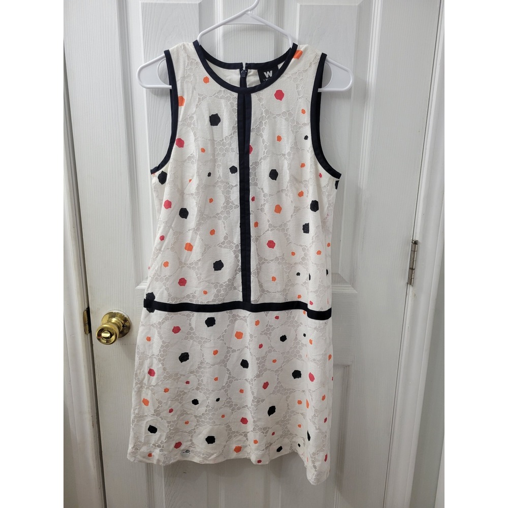W by Worth Sleeveless Lace Shift Dress White Floral Geometric Print Navy Trim 6